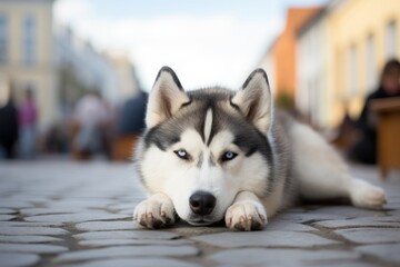 cute siberian husky lying down isolated on public plazas and squares background