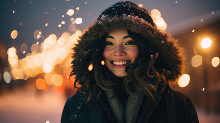 A young woman with blonde hair is smiling gently, wearing a snow-dusted beanie and a scarf, against a backdrop of softly glowing bokeh lights and falling snowflakes.
