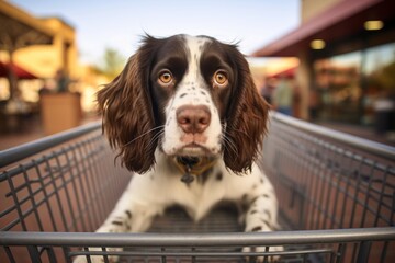 funny english springer spaniel sitting in a shopping cart in public plazas and squares background