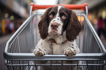 funny english springer spaniel sitting in a shopping cart over public plazas and squares background