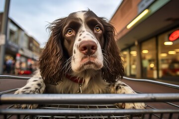 funny english springer spaniel sitting in a shopping cart in public plazas and squares background - Powered by Adobe