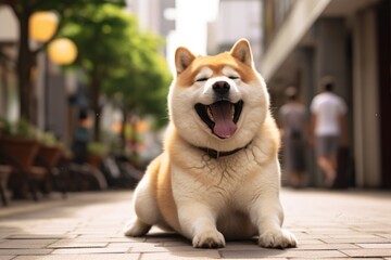 funny akita inu scratching the body in public plazas and squares background - obrazy, fototapety, plakaty