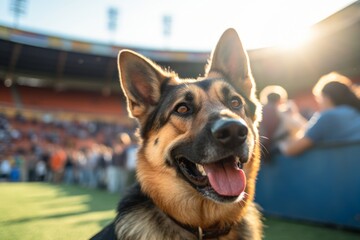 happy german shepherd being at a sports game isolated on outdoor markets background - obrazy, fototapety, plakaty