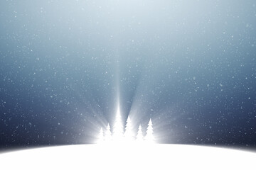 Christmas shining trees with snowfall sky copy space background. Concept greetings card illustration.