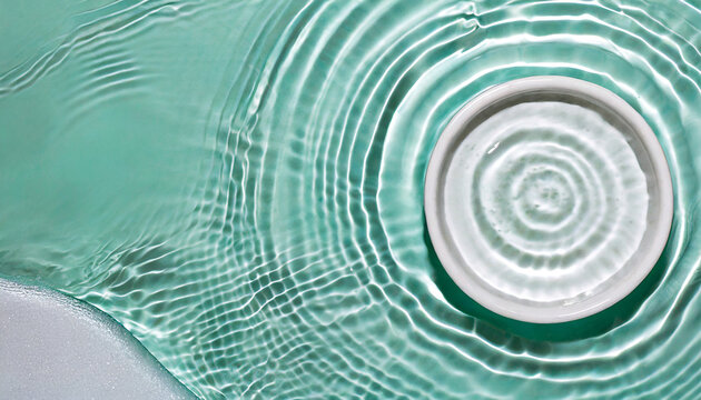 white water texture blue mint water surface with rings and ripples spa concept background flat lay copy space