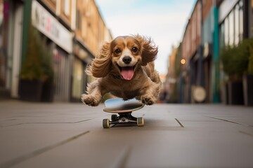 smiling cocker spaniel skateboarding over outdoor markets background - obrazy, fototapety, plakaty