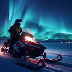 Fotobehang side view of a snowmobile riding on a snow road at night with the northern lights in the starry sky. Generative AI © Antonio