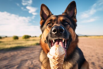 happy german shepherd licking an ice cream cone in desert landscapes background - obrazy, fototapety, plakaty