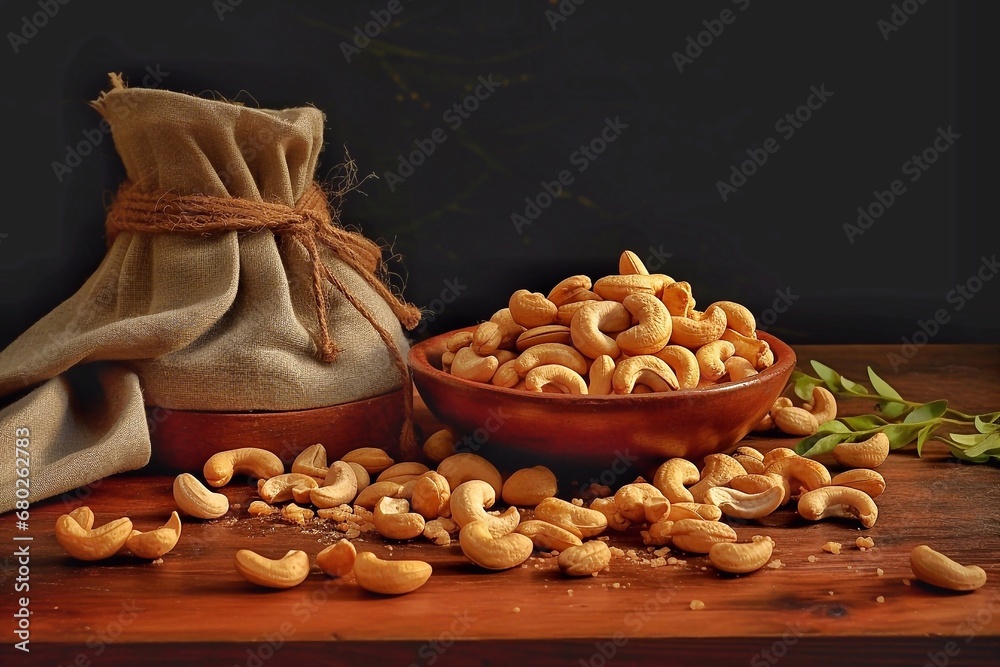 Wall mural Roasted cashew nuts in a clay bowl next to a bag on a wooden table - Wall murals