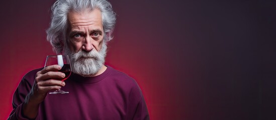 isolated background, a man with graying hair and aged features holds a glass of red medicine, seeking relief from his pain caused by a natural disease or virus, an adults battle against sickness and