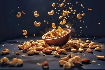Fotobehang Roasted cashew nuts falling into wooden bowl on black background. © Oleh