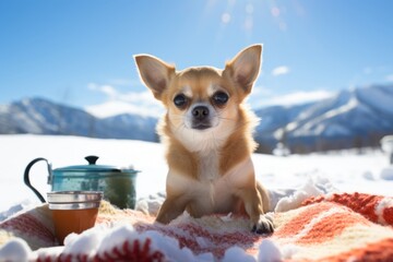 happy chihuahua enjoying a picnic on snowy winter landscapes background