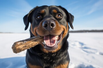 happy rottweiler holding a bone in its mouth over snowy winter landscapes background