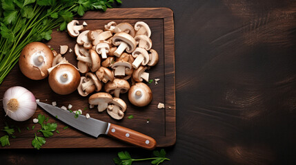 Fototapeta na wymiar Closeup of whole raw fresh champignon mushroom on wooden table. Mushrooms as vegetable protein, raw food diet, vegetarianism.