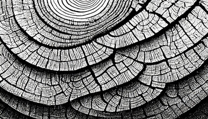 black and white cut wood texture detailed black and white texture of a felled tree trunk or stump rough organic tree rings with close up of end grain - obrazy, fototapety, plakaty