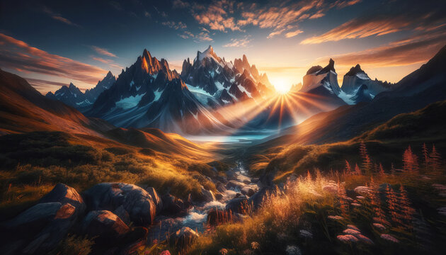 stunning image of a mountain landscape at dawn, with the sun rising behind the peaks. The scene features rugged snow-capped mountains, generative ai