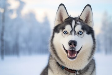 Obraz premium happy siberian husky standing on hind legs while standing against snowy winter landscapes background