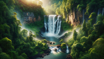 large, majestic waterfall surrounded by lush greenery. The waterfall cascades down a rocky cliff into a serene pool below, generative ai - obrazy, fototapety, plakaty