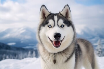 Fototapeta premium happy siberian husky standing on hind legs isolated on snowy winter landscapes background