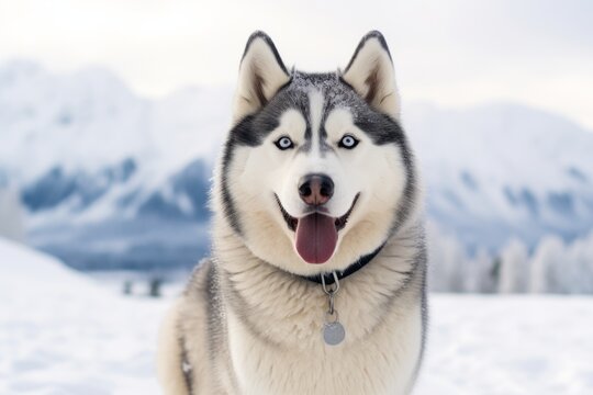 happy siberian husky standing on hind legs in snowy winter landscapes background
