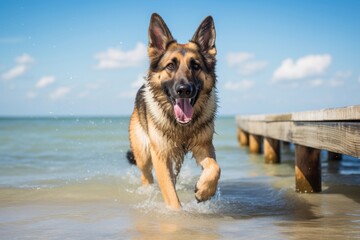 happy german shepherd shaking off water after swimming over beach boardwalks background - obrazy, fototapety, plakaty