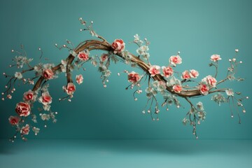  a branch with pink and white flowers on a blue background with a light blue background and a light blue background.