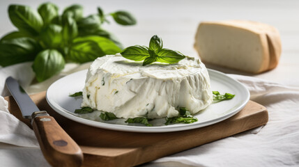 A round piece of fresh white cheese on a wooden board, accompanied by green basil leaves.