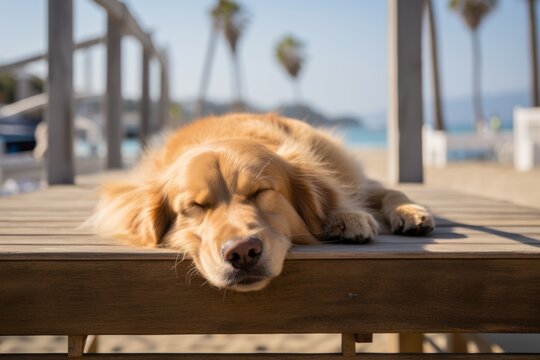 happy golden retriever sleeping over beach boardwalks background
