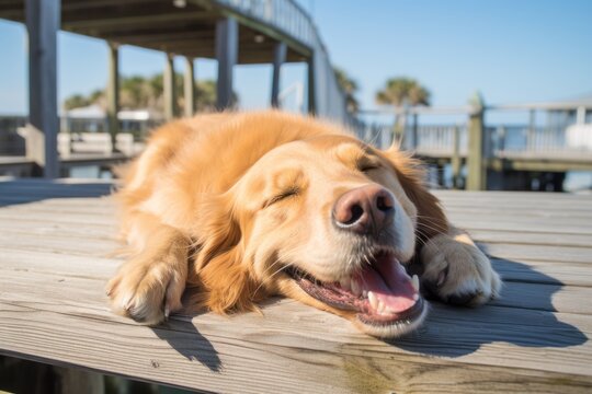 happy golden retriever sleeping in beach boardwalks background