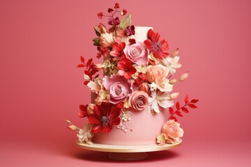  a three tiered cake with pink and red flowers on top of a wooden stand on a pink background with a pink backdrop.