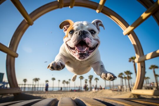 happy bulldog jumping through a hoop isolated in beach boardwalks background