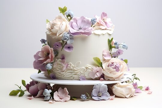  a three tiered cake decorated with flowers on a white cake platter on a white table with a gray wall in the background.