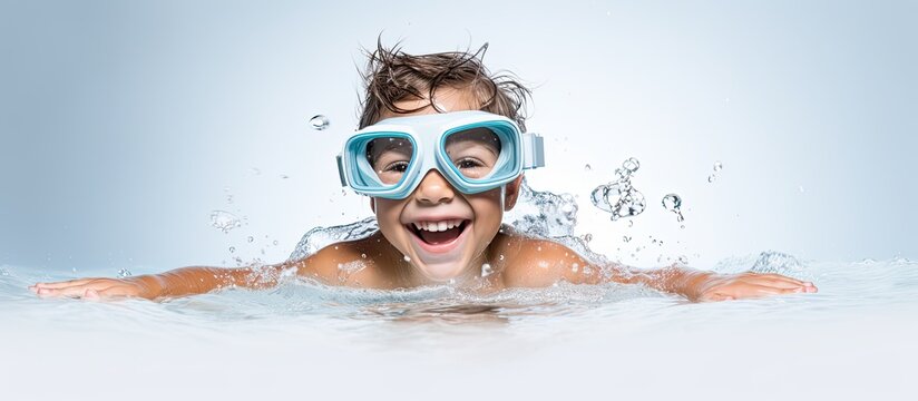 The Happy Child, A Young Boy Wearing A White Swimsuit And Snorkel Mask, Is Seen Swimming And Diving In A Studio, Isolated On A White Background.