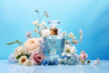  a bottle of perfume sitting on top of a table next to a bunch of flowers on a blue tablecloth.