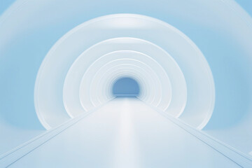 Futuristic empty light blue long tunnel. Round corridor showcase and display products.