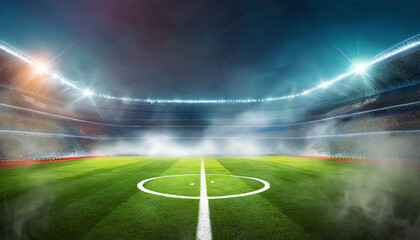 Fototapeta na wymiar textured soccer game field with neon fog center midfield