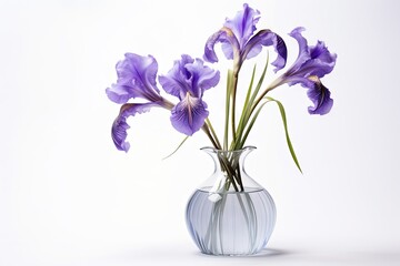  a glass vase filled with purple flowers on top of a white tablecloth and a white wall behind the vase.