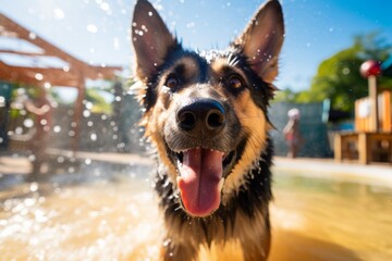 cute german shepherd shaking off water after swimming while standing against amusement parks background - obrazy, fototapety, plakaty