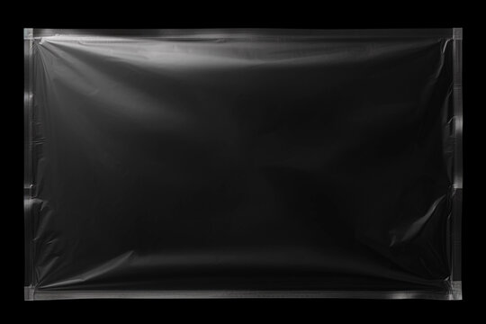 Transparent plastic wrap overlay on black background. Horizontal stretched polyethylene cover.