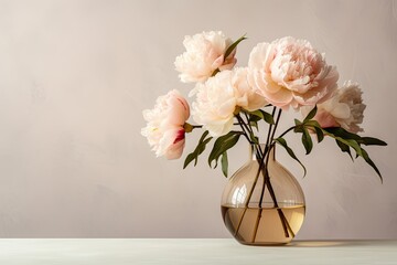  a vase filled with pink peonies on top of a white table next to a gray wall and a white wall.