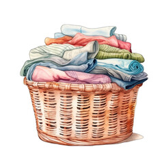 Wicker laundry basket with clothes, transparent background