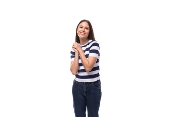 young well-groomed brunette woman with straight hair dressed in a striped t-shirt