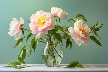  a vase filled with pink flowers sitting on top of a table next to a vase filled with water and greenery.