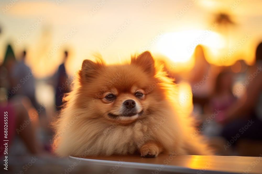 Canvas Prints tired pomeranian watching a sunset with the owner on festivals and carnivals background