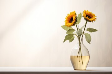  a vase with two sunflowers in it sitting on a table with a white wall in the back ground.