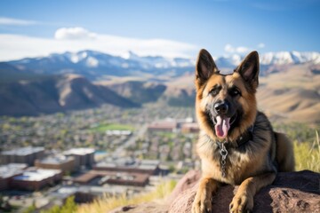 cute german shepherd being on a mountain peak isolated on college and university campuses background - obrazy, fototapety, plakaty