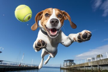happy beagle catching a ball in mid-air isolated in marinas and harbors background - obrazy, fototapety, plakaty