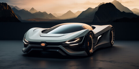 Naklejka premium Futuristic sports car concept. White futuristic car parked, mountains background.