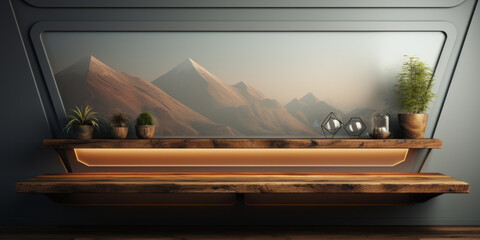 Wooden podium display with frame and flowers. Background for perfume, cosmetic products or food on wooden floor with mountains.