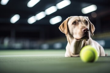 Medium shot portrait photography of a curious labrador retriever playing with a tennis ball against sports stadiums background. With generative AI technology